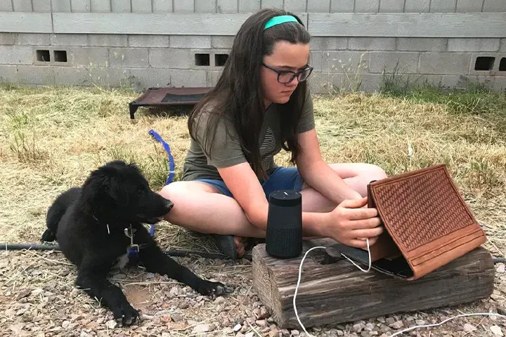 Girl teaching a black puppy a trick on a wooden board